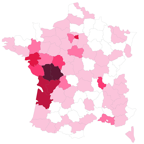 Plus de la moitié des emplois occupés sont situés dans la région Nouvelle Aquitaine