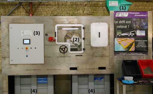 Figure 4 : Prototype de séparateur électrostatique industriel PRD ; (1) Granulateur ; (2) Système d’électrodes ; (3) Armoire électrique avec écran tactile ; (4) Caisses-palettes de récupération des produits séparés.