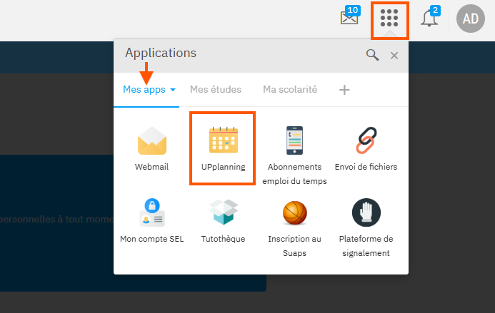 Capture d'écan de l'accès à UPplanning sur iris