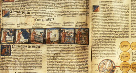 Rouleau imprimé, Cronica cronicarum. Paris, François Regnault et Jacques Ferrebouc pour Jean I Petit, 1521 - Vélin 55 x 531 cm. BnF, Réserve des livres rares, Rés. Vélins-15 et 16